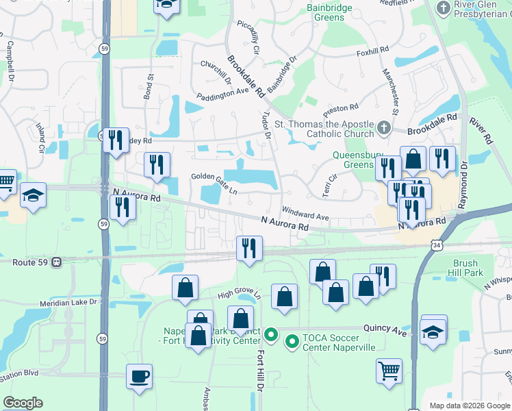 map of restaurants, bars, coffee shops, grocery stores, and more near 627 Lakeridge Court in Naperville