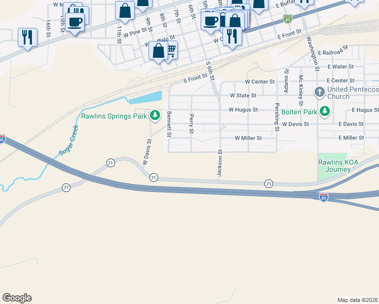 map of restaurants, bars, coffee shops, grocery stores, and more near 703 Donnel Street in Rawlins