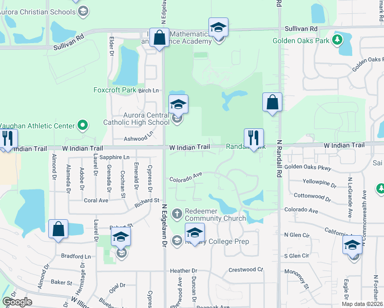 map of restaurants, bars, coffee shops, grocery stores, and more near 1752 Bridle Post Drive in Aurora