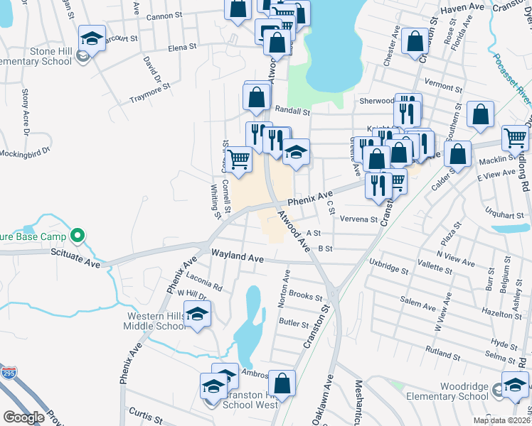 map of restaurants, bars, coffee shops, grocery stores, and more near 186 Phenix Avenue in Cranston