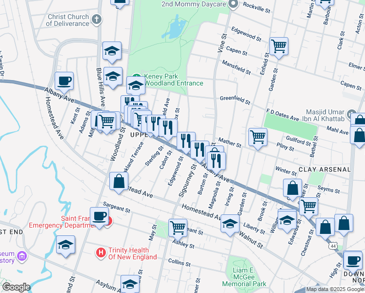 map of restaurants, bars, coffee shops, grocery stores, and more near in Hartford