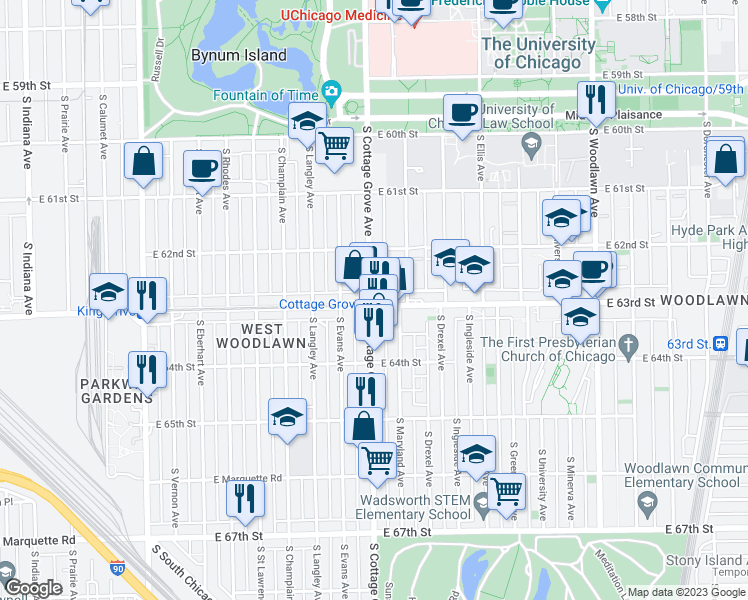 map of restaurants, bars, coffee shops, grocery stores, and more near 6253 South Cottage Grove Avenue in Chicago