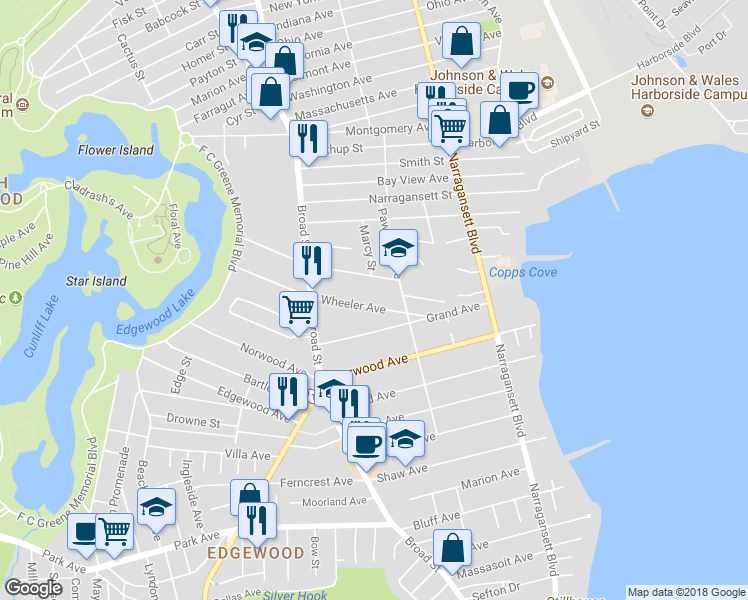 map of restaurants, bars, coffee shops, grocery stores, and more near 61 Wheeler Avenue in Cranston