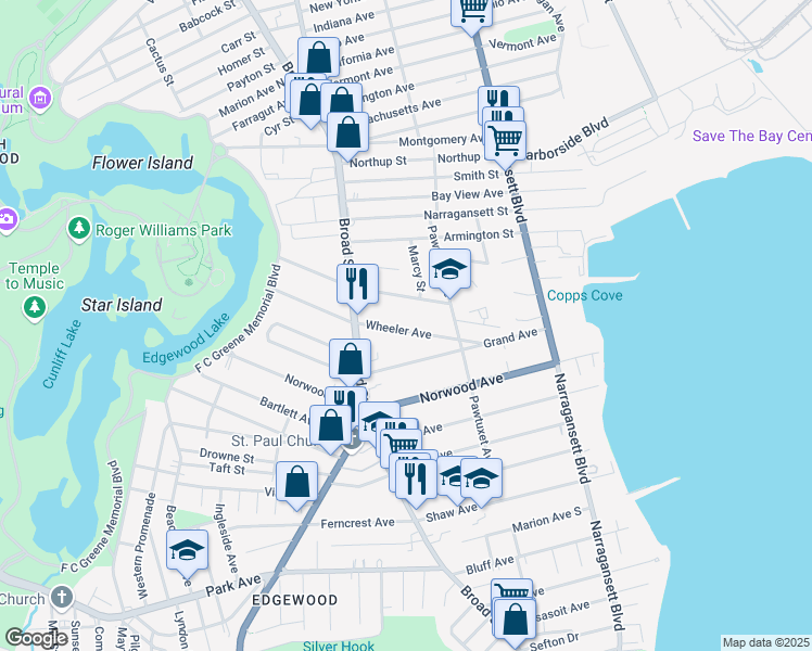 map of restaurants, bars, coffee shops, grocery stores, and more near 108 Wentworth Avenue in Cranston