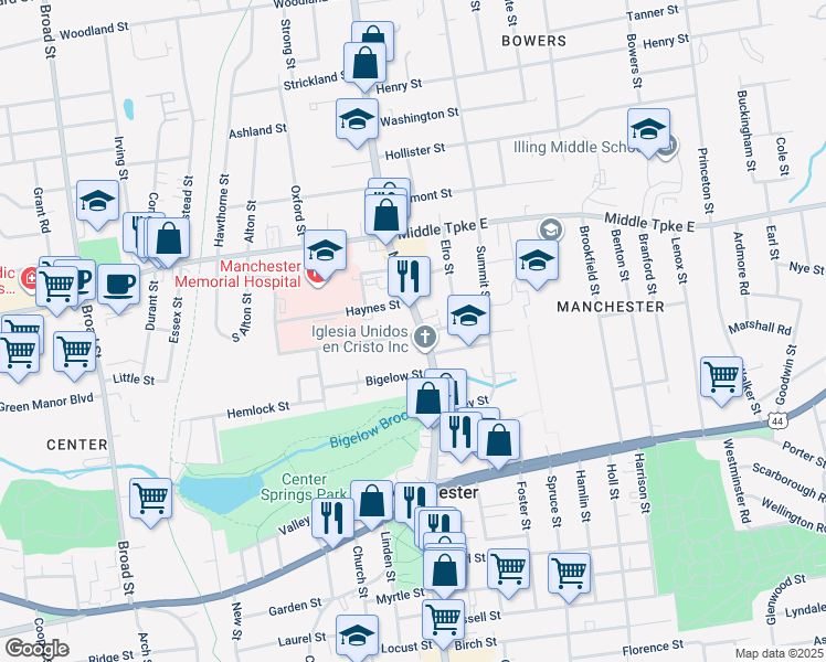 map of restaurants, bars, coffee shops, grocery stores, and more near 360 Main Street in Manchester