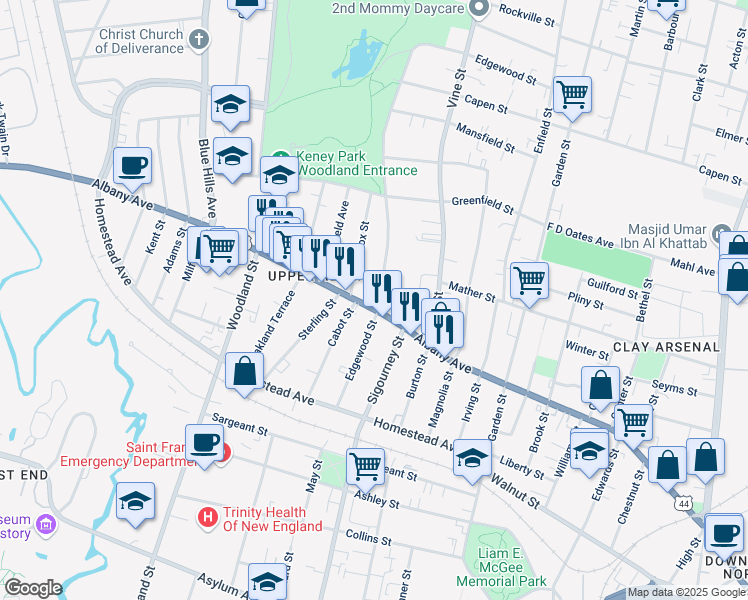 map of restaurants, bars, coffee shops, grocery stores, and more near in Hartford