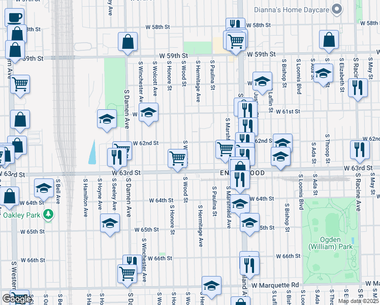 map of restaurants, bars, coffee shops, grocery stores, and more near 6203 South Wood Street in Chicago