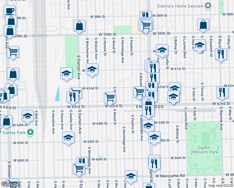 map of restaurants, bars, coffee shops, grocery stores, and more near 6203 South Wood Street in Chicago