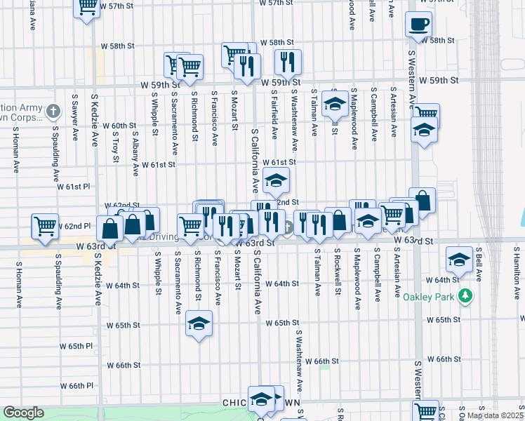map of restaurants, bars, coffee shops, grocery stores, and more near 2750 West 62nd Street in Chicago