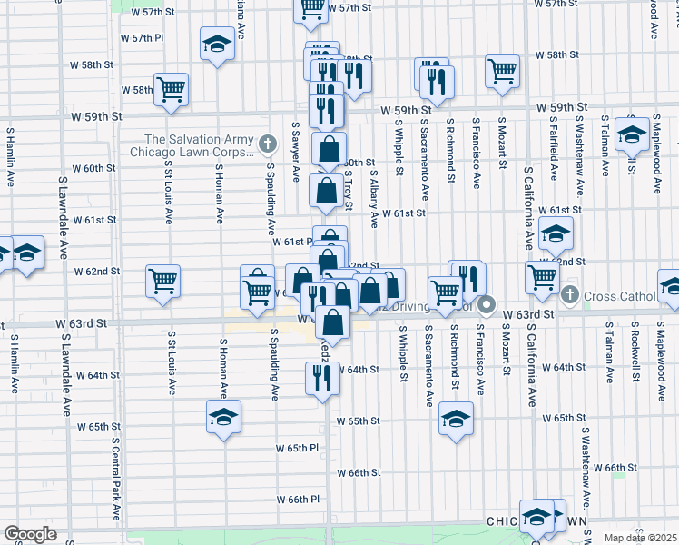 map of restaurants, bars, coffee shops, grocery stores, and more near 6158 South Troy Street in Chicago