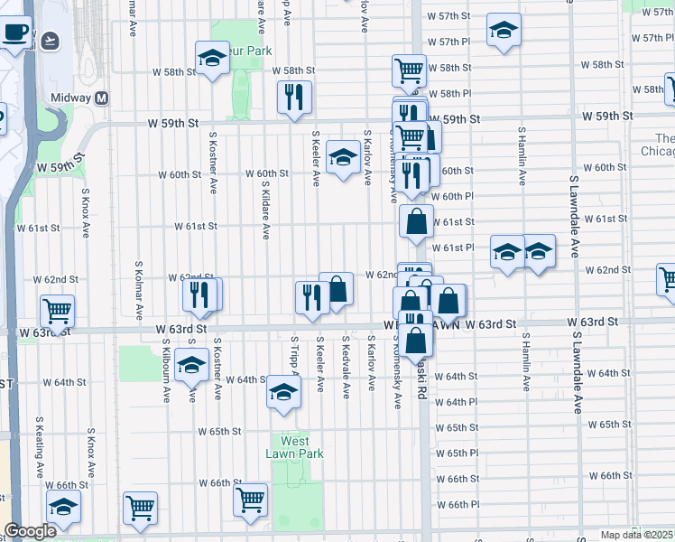 map of restaurants, bars, coffee shops, grocery stores, and more near 6139 South Keeler Avenue in Chicago