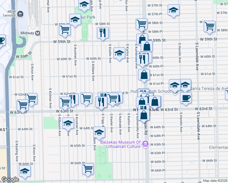 map of restaurants, bars, coffee shops, grocery stores, and more near 6139 South Keeler Avenue in Chicago