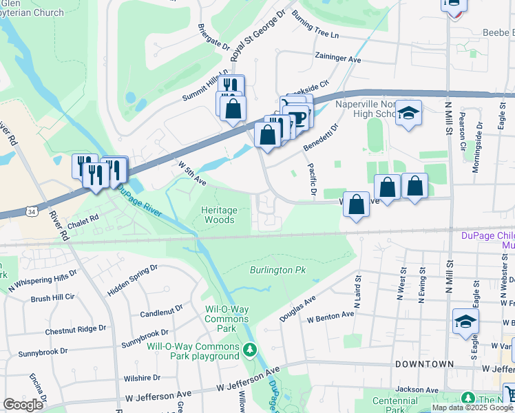 map of restaurants, bars, coffee shops, grocery stores, and more near 963 Elderberry Circle in Naperville