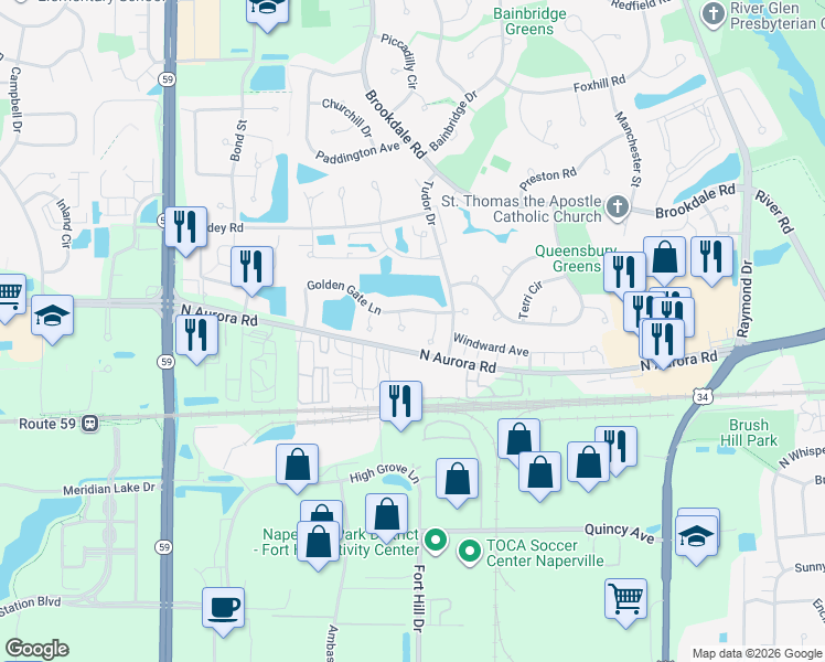 map of restaurants, bars, coffee shops, grocery stores, and more near 627 Lakeridge Court in Naperville