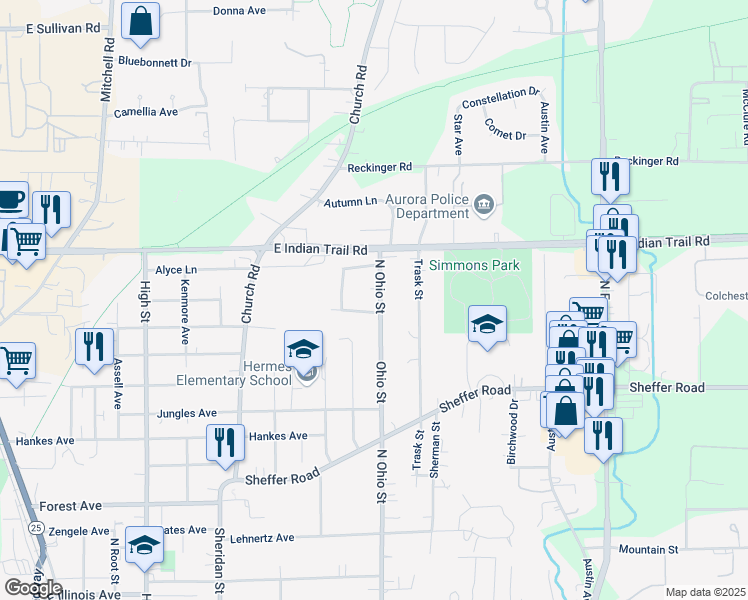 map of restaurants, bars, coffee shops, grocery stores, and more near 1133 North Ohio Street in Aurora