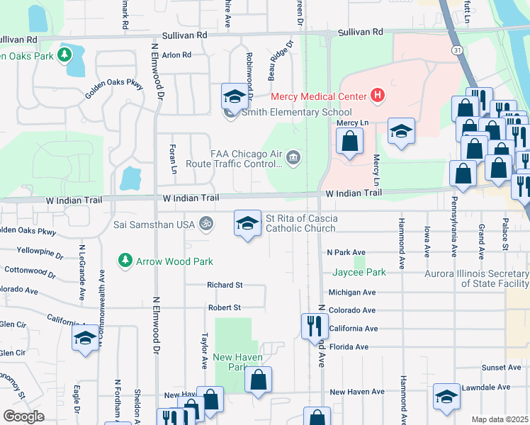 map of restaurants, bars, coffee shops, grocery stores, and more near 1178 Nantucket Road in Aurora