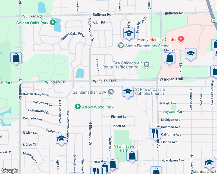 map of restaurants, bars, coffee shops, grocery stores, and more near 871 Old Indian Trail in Aurora