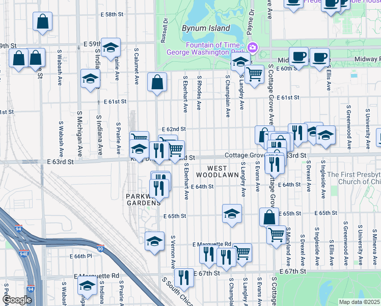 map of restaurants, bars, coffee shops, grocery stores, and more near 6232 South Eberhart Avenue in Chicago
