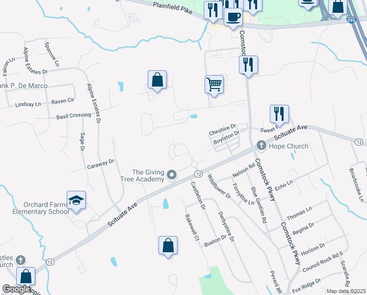 map of restaurants, bars, coffee shops, grocery stores, and more near 2 Gray Coach Lane in Cranston