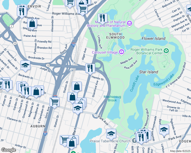 map of restaurants, bars, coffee shops, grocery stores, and more near 33 Hamlin Street in Providence