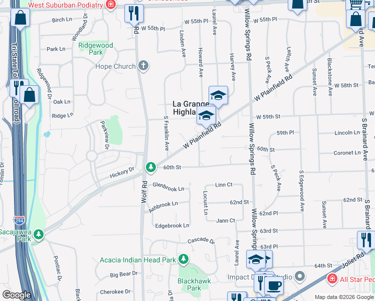 map of restaurants, bars, coffee shops, grocery stores, and more near 5933 South Franklin Avenue in La Grange Highlands