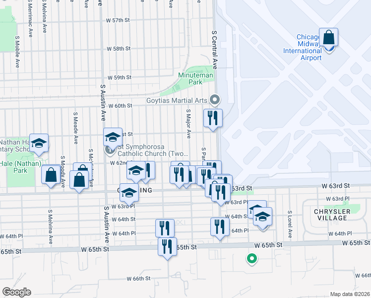 map of restaurants, bars, coffee shops, grocery stores, and more near 6123 South Massasoit Avenue in Chicago