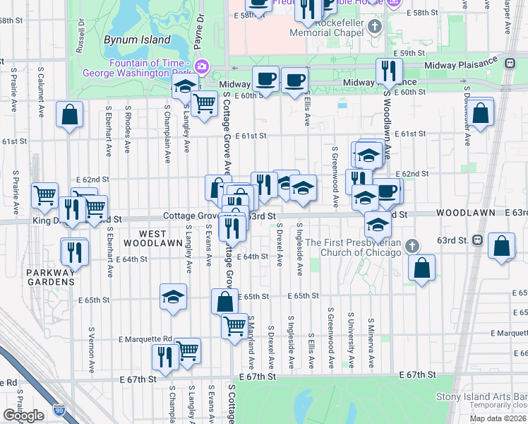 map of restaurants, bars, coffee shops, grocery stores, and more near 850 East 63rd Street in Chicago