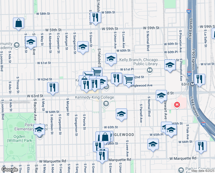map of restaurants, bars, coffee shops, grocery stores, and more near 3325 South Emerald Drive in Chicago
