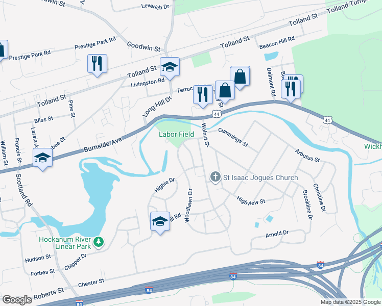 map of restaurants, bars, coffee shops, grocery stores, and more near 21 Indian Hill Street in East Hartford