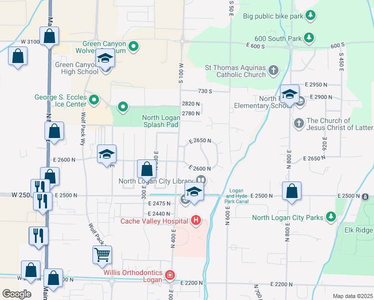 map of restaurants, bars, coffee shops, grocery stores, and more near 2640 North Aspen Park Lane in North Logan
