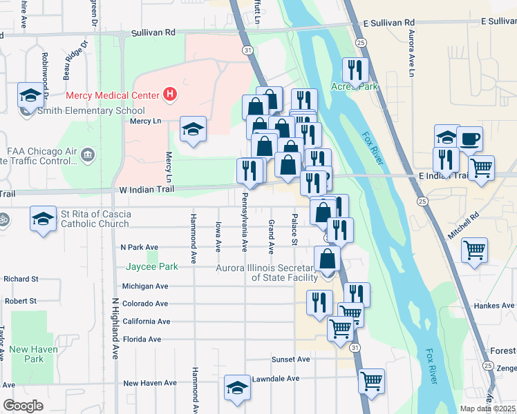 map of restaurants, bars, coffee shops, grocery stores, and more near 355 Old Indian Trail in Aurora