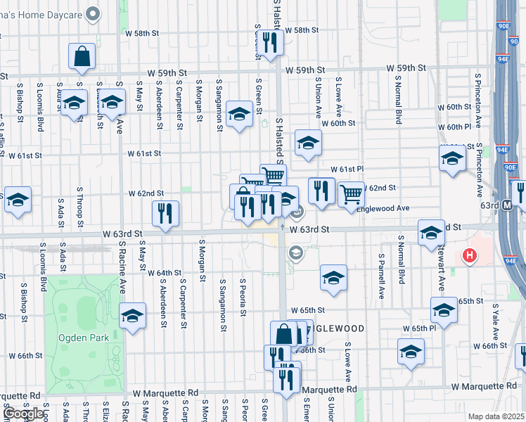 map of restaurants, bars, coffee shops, grocery stores, and more near 6228 South Green Street in Chicago
