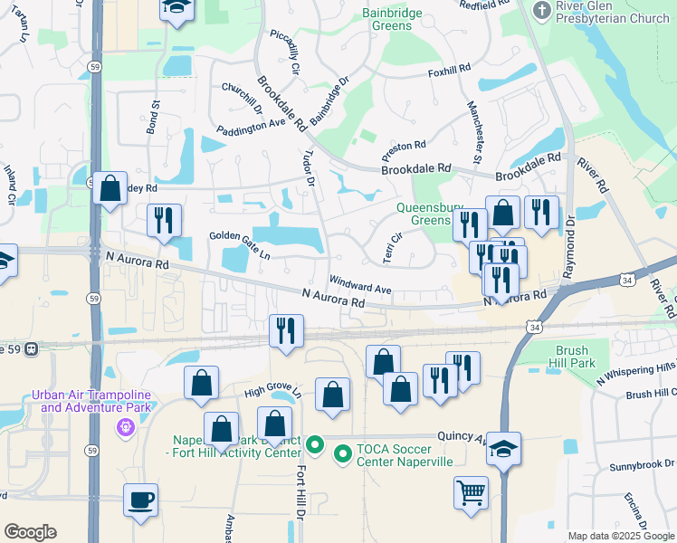 map of restaurants, bars, coffee shops, grocery stores, and more near 1694 Lisa Court in Naperville