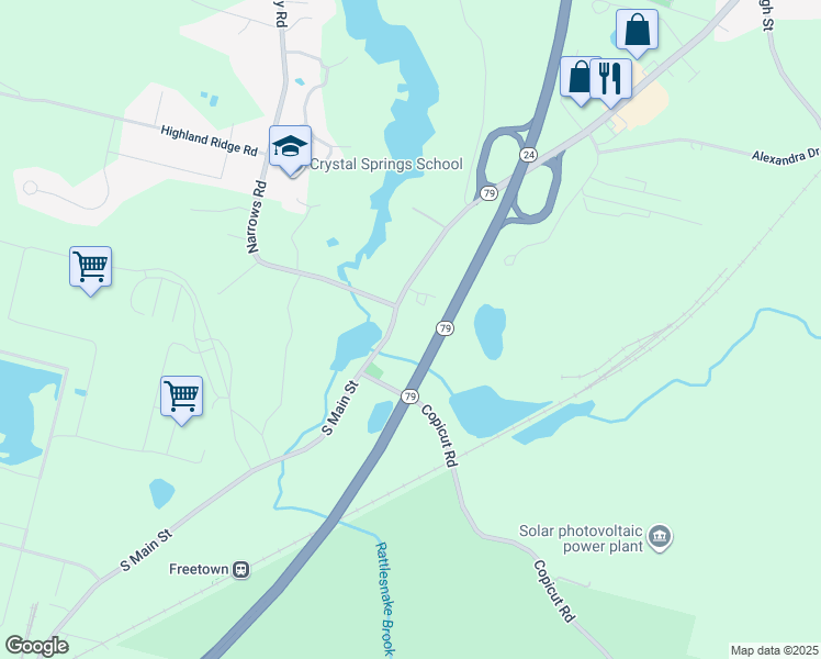 map of restaurants, bars, coffee shops, grocery stores, and more near 97 South Main Street in Freetown