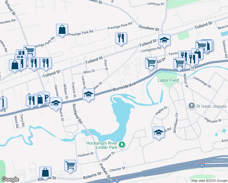 map of restaurants, bars, coffee shops, grocery stores, and more near 861 Burnside Avenue in East Hartford