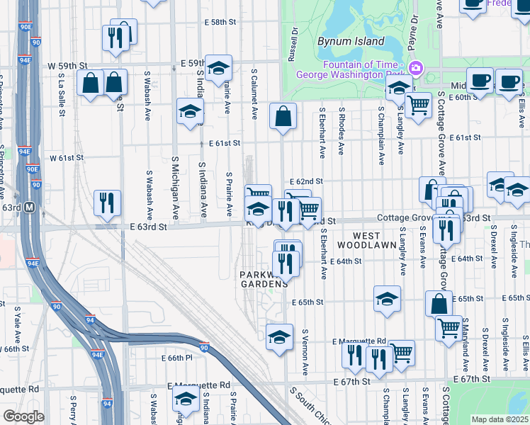 map of restaurants, bars, coffee shops, grocery stores, and more near 64325 South Doctor Martin Luther King Junior Drive in Chicago