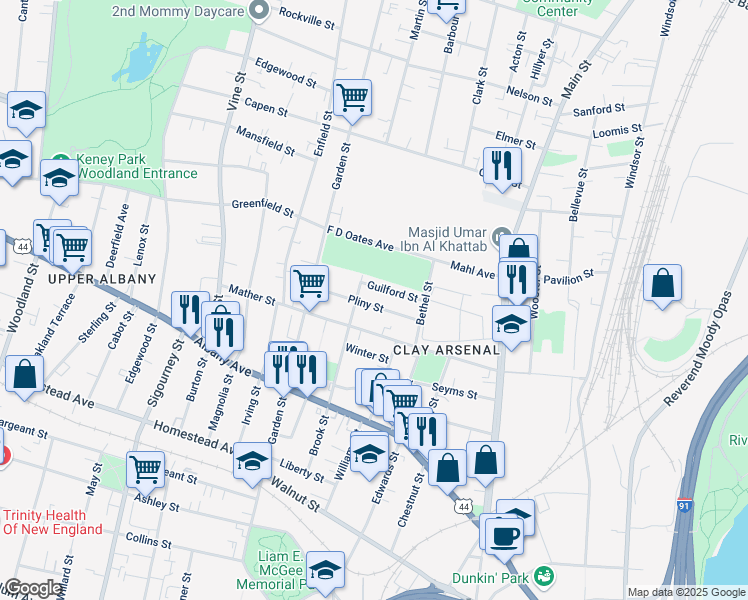 map of restaurants, bars, coffee shops, grocery stores, and more near 175 Brook Street in Hartford