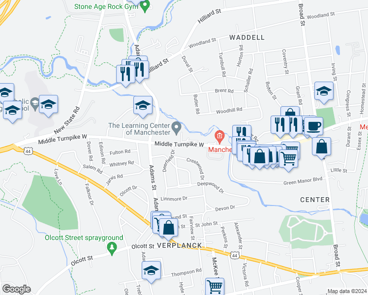 map of restaurants, bars, coffee shops, grocery stores, and more near 482 Middle Turnpike West in Manchester