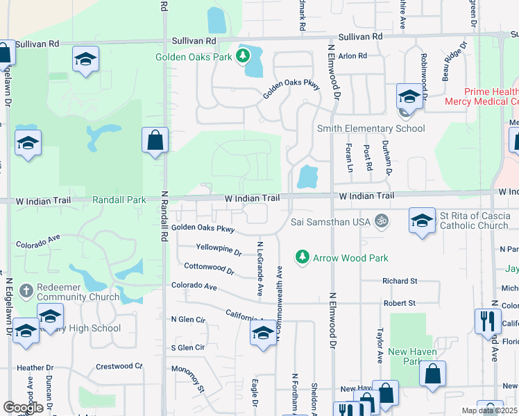 map of restaurants, bars, coffee shops, grocery stores, and more near 1220 West Indian Trail in Aurora