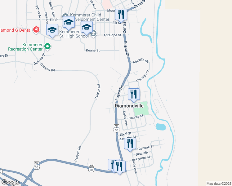 map of restaurants, bars, coffee shops, grocery stores, and more near 101-199 Kampman Lane in Kemmerer