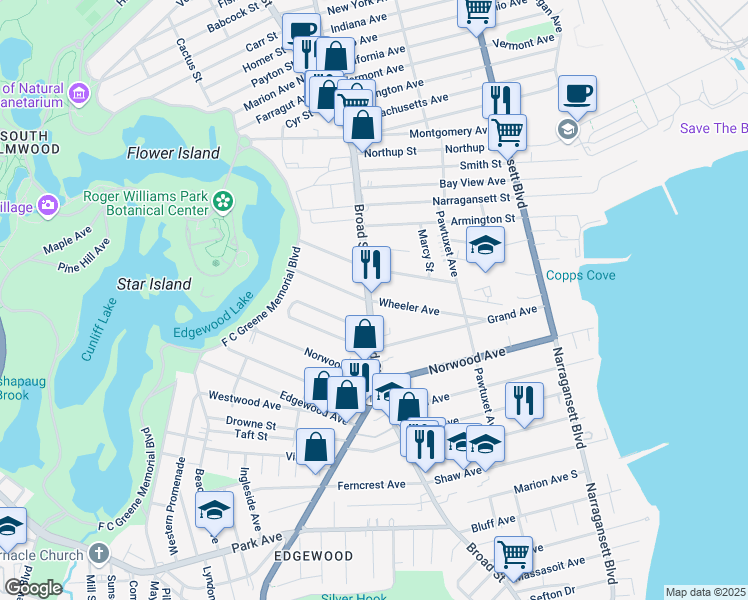 map of restaurants, bars, coffee shops, grocery stores, and more near 101 Wheeler Avenue in Cranston