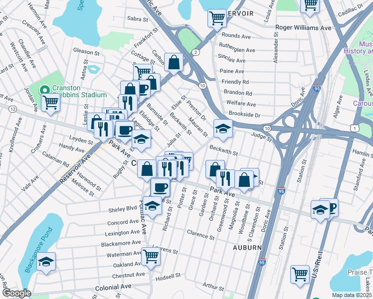 map of restaurants, bars, coffee shops, grocery stores, and more near 28 Burnside Street in Cranston
