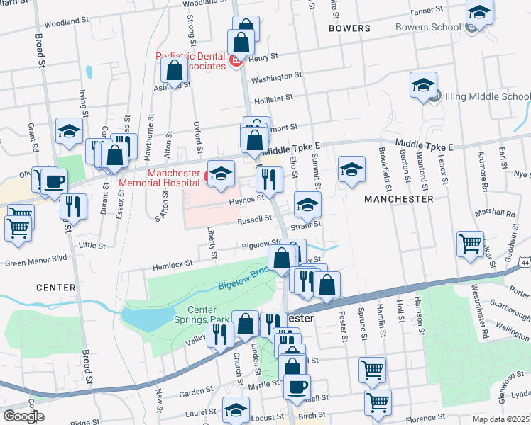 map of restaurants, bars, coffee shops, grocery stores, and more near 360 Main Street in Manchester