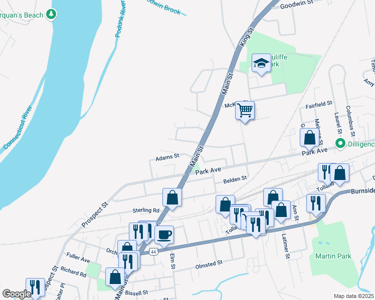 map of restaurants, bars, coffee shops, grocery stores, and more near 1589 Main Street in East Hartford