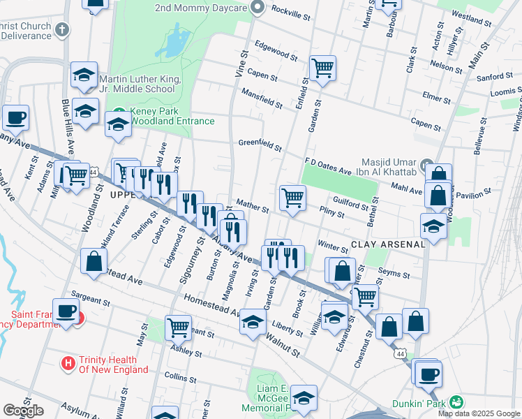 map of restaurants, bars, coffee shops, grocery stores, and more near 240 Mather Street in Hartford