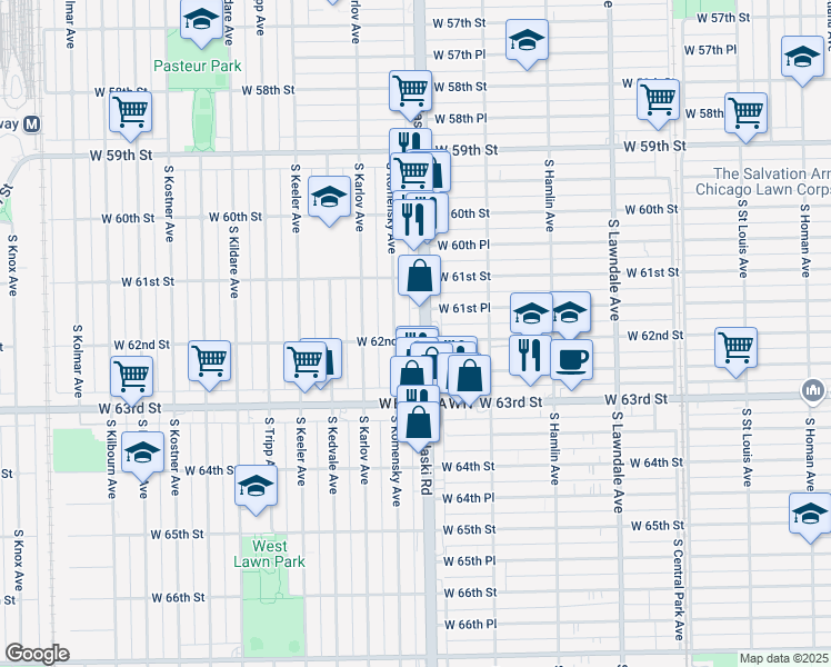 map of restaurants, bars, coffee shops, grocery stores, and more near 6142 South Pulaski Road in Chicago