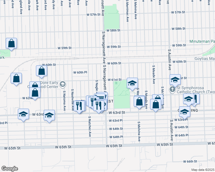 map of restaurants, bars, coffee shops, grocery stores, and more near 6108 South Narragansett Avenue in Chicago