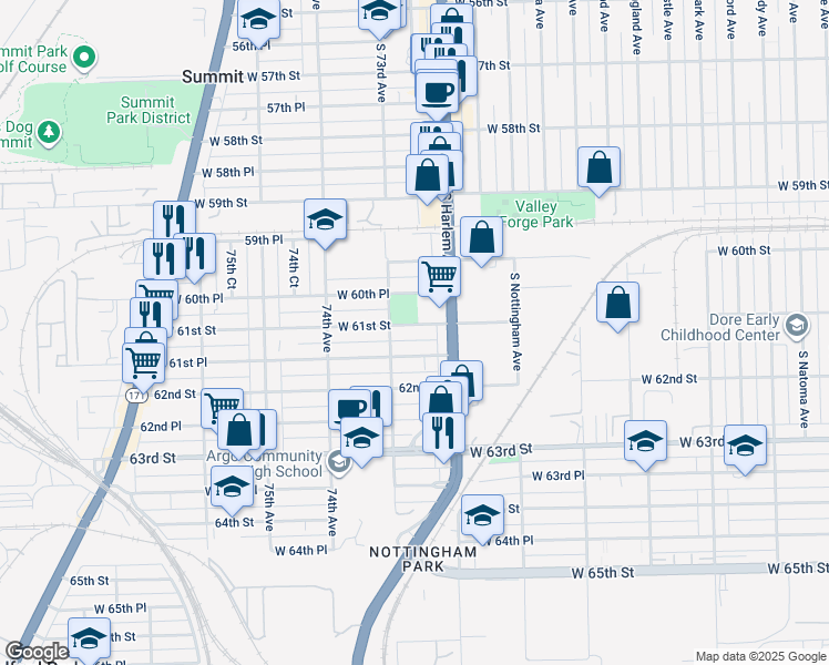 map of restaurants, bars, coffee shops, grocery stores, and more near 6045 West 60th Place in Summit