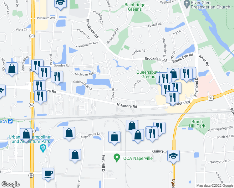 map of restaurants, bars, coffee shops, grocery stores, and more near 1694 Lisa Court in Naperville