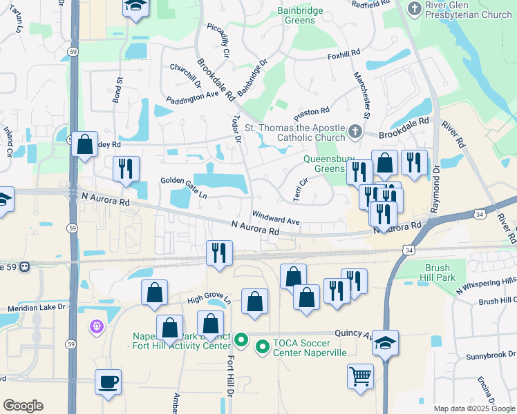 map of restaurants, bars, coffee shops, grocery stores, and more near 1694 Lisa Court in Naperville